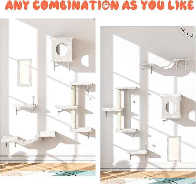 NUNU LAB Cat Wall Shelves, 5Pc Wall Mounted Cat Climber, Floating Perch, Bridge,Tree, House, Modern Indoor Furniture for Kitten - Beige