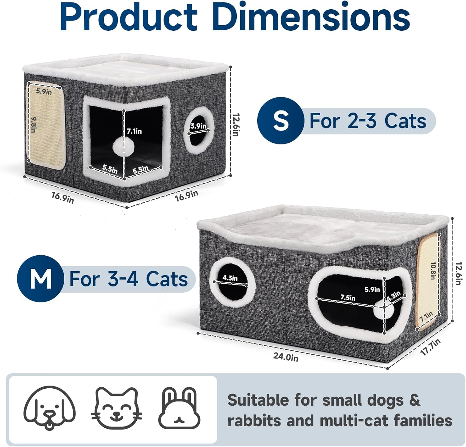 Cat Beds for Indoor Cats, Extra Wide Cat Cube House for Multi Cats, Foldable Cat Cave Hideaway with Arc-Edge Design & Oval Door, Double-Side Soft Cushion for All Seasons, 24"L x 17.7"D x 12.6"H, Grey - Pet Explorer