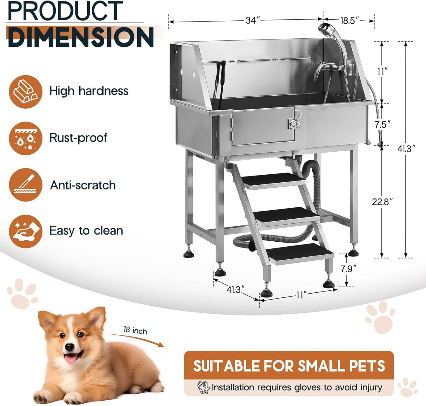 Albott 34 Inch Stainless Steel Dog Washing Station with Non-Slip Steps, Sprayer, Faucet, Tow Rope – Professional Pet Bathtub for Small Dogs, Great for Home, Garage, Salon (Left Door) - Pet Explorer
