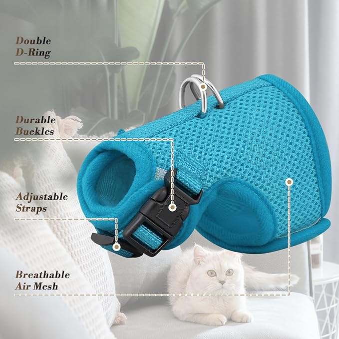 Athena Collection Adjustable Cat Harness with Velcro, Portable Extra Small Cat Vest Harness Breathable Comfy Escape Proof Cat Kitten Harness Pet Supplies for Outdoor Walking, Training, Blue