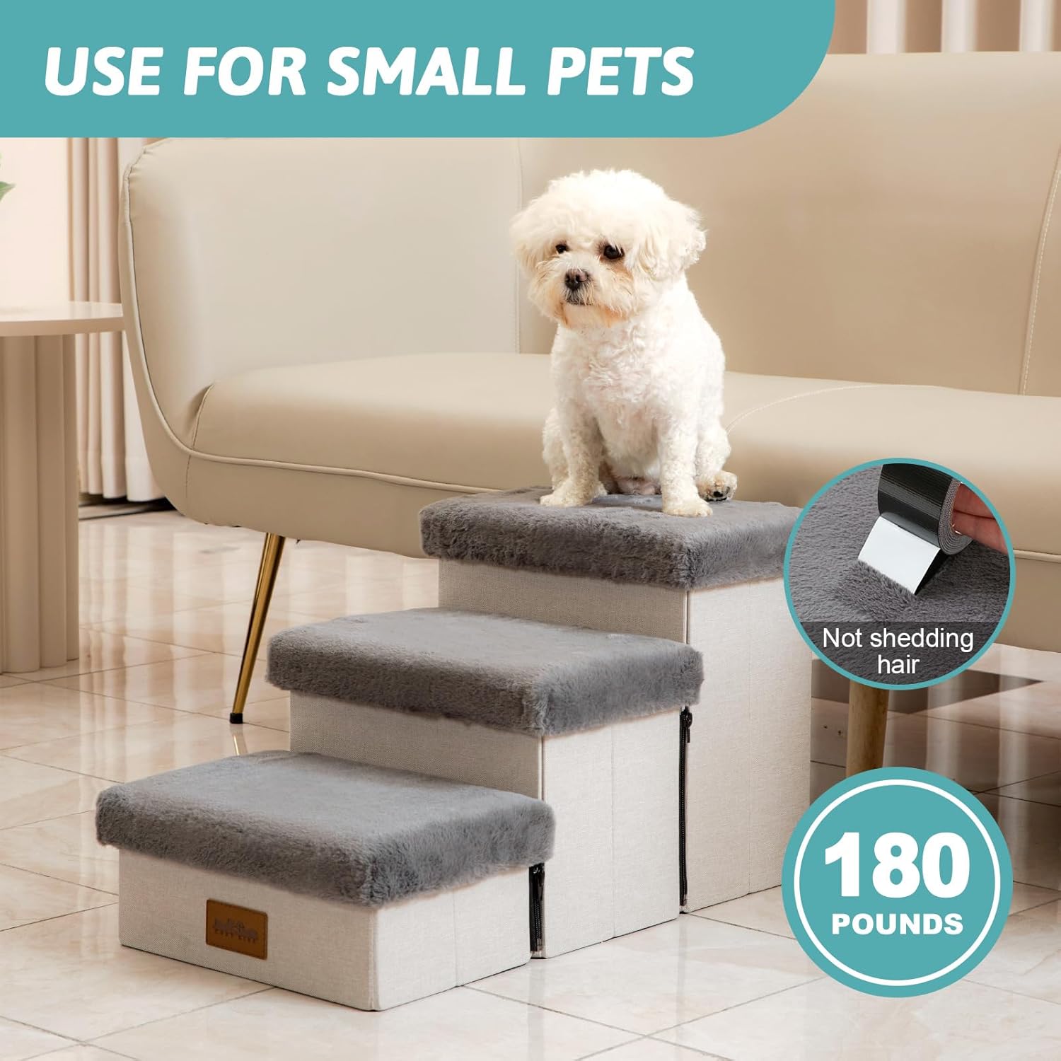 Dog Stair for Small Dogs with Storage, Foldable Pet Step with Soft Cover, Older Cat Ramp for Chair Couch Sofa, Lightweight, Durable, Comfort, 24.8x13x13.6 inch, 3 Tiers, Grey - Pet Explorer