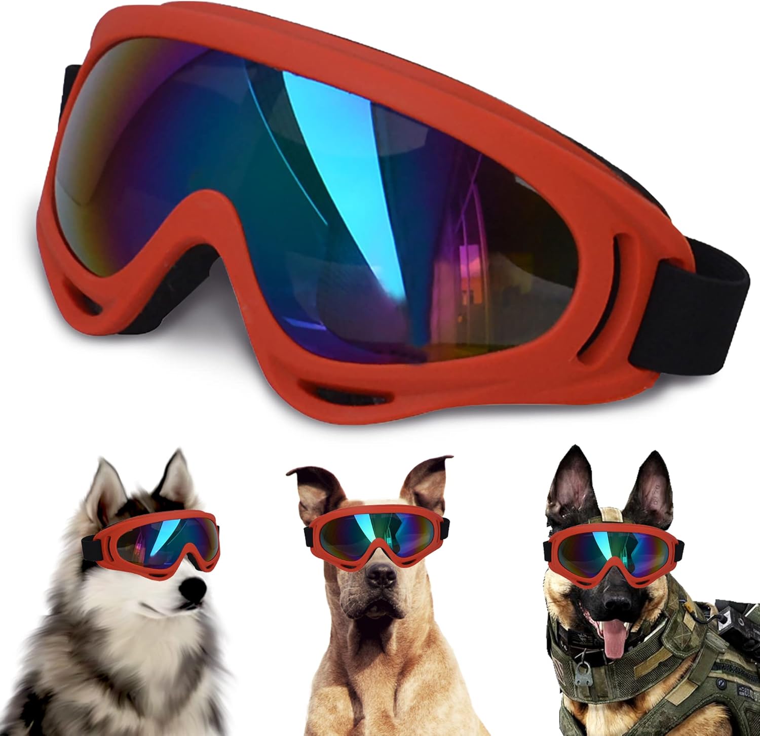 Winproof Adjustable Strap Dog Sunglasses, UV Protection, Soft Goggles (Red Frame) - Pet Explorer