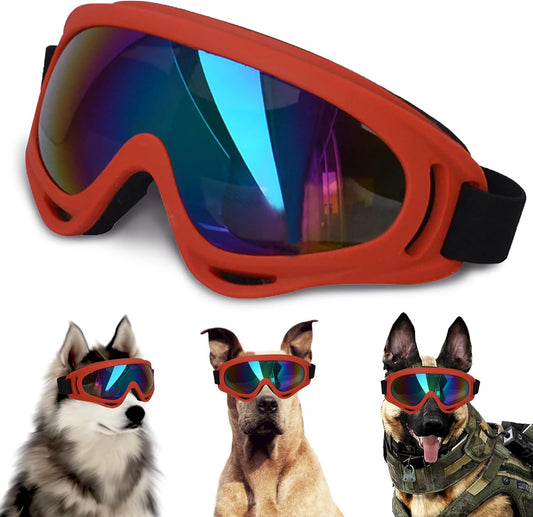 Winproof Adjustable Strap Dog Sunglasses, UV Protection, Soft Goggles (Red Frame) - Pet Explorer