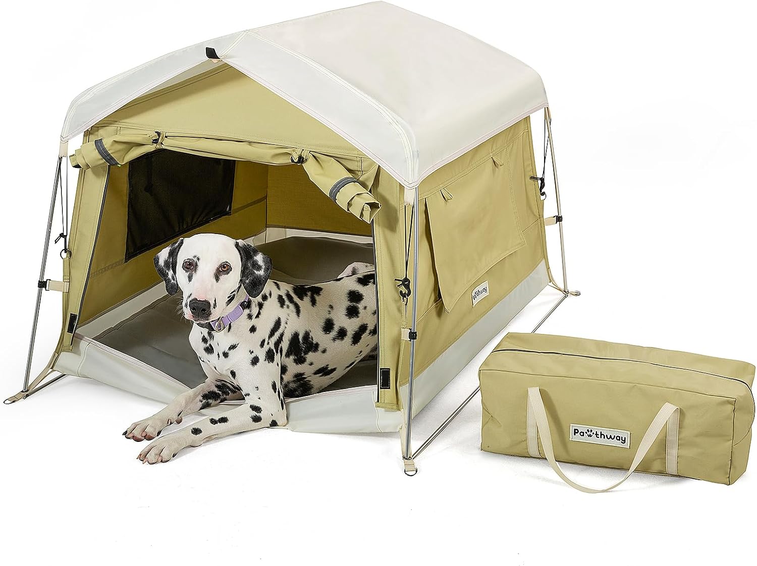 Dog Tent Cotton Fabric, Aluminum Poles and Camping Mat, Outdoor Weatherproof, Dog House Outdoor, Breathable with 2 Side Windows, Portable and Collapsible (Green, Large) - Pet Explorer