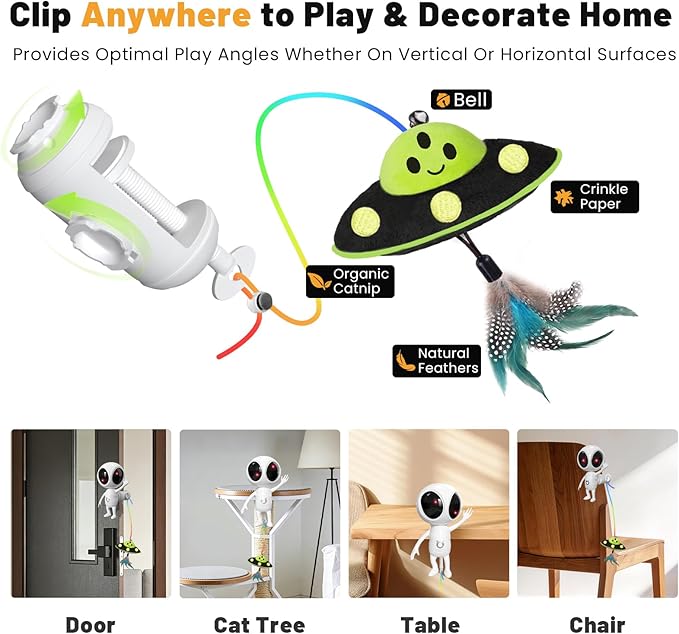 Cat Laser Toy, 2-in-1 Interactive Toys with Dual Laser & Catnip UFO Dangler, Smart Motion-Activated Random Trajectory, 4 Speed Modes, Rechargeable, Quiet & Clamp Design for Bored Indoor Cats