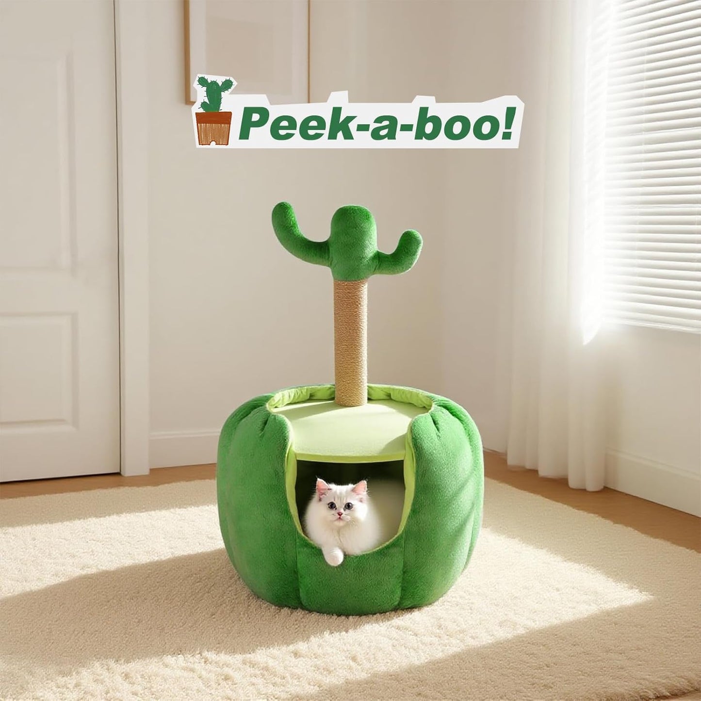 Cat Houses for Indoor Cats, Small Cat Tree with Sisal Ropes and Plush Perch, Cute Cat Bed Cave with Soft Pillow, Cactus Design - Pet Explorer