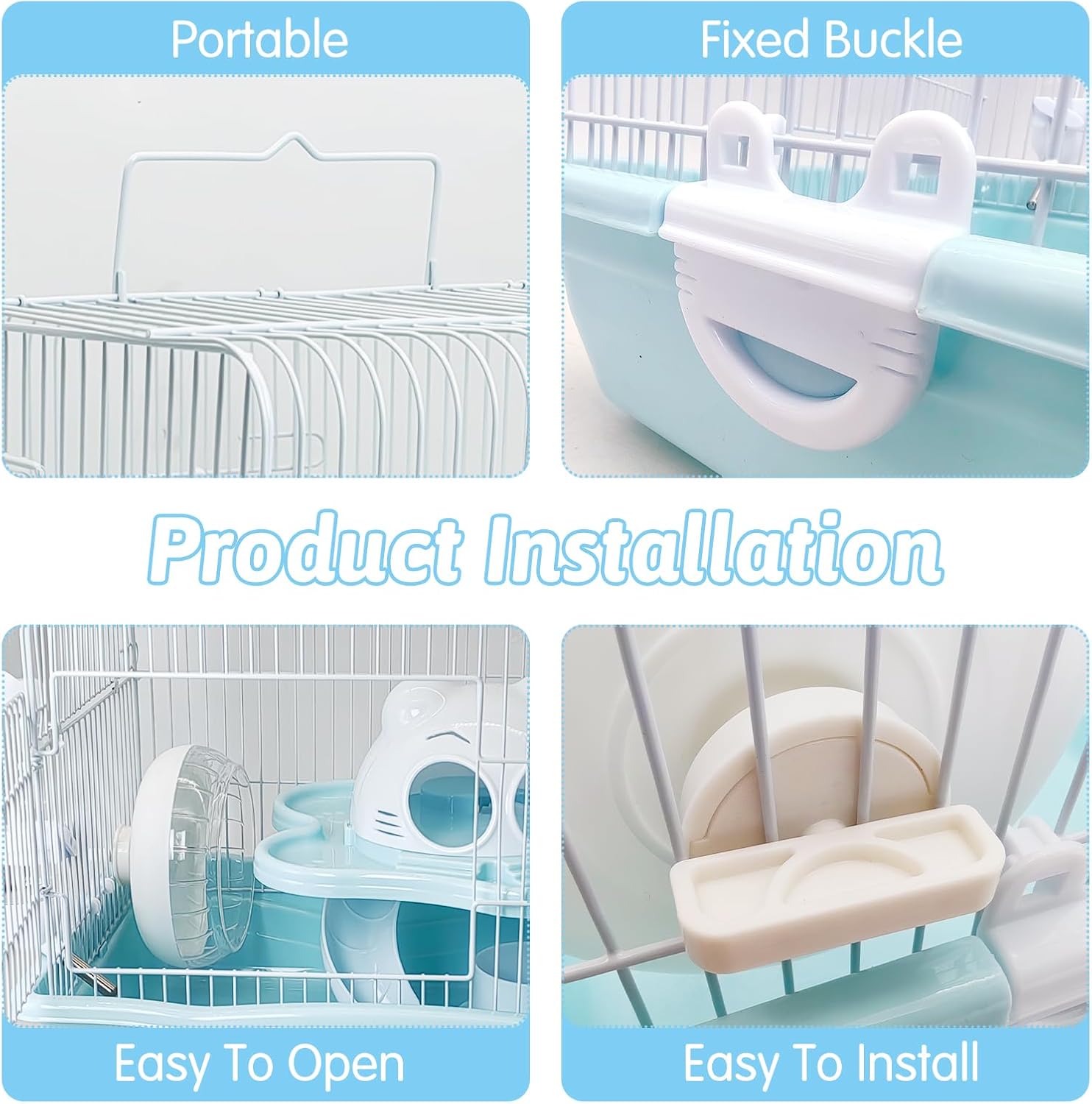 PINVNBY Dwarf Hamster Cage, Small Animal Cages, 2-Tier Travel Portable Mouse Cage Hamster Carrier with Castle House Running Exercise Wheels, Water Bottle and Food Dis（Blue） - Pet Explorer