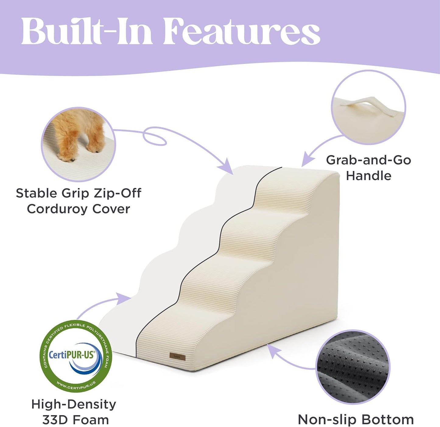 Lesure Dog Stairs for Small Dogs and Cats Pet Steps Ramp for Bed and Couch with CertiPUR-US Certified Foam with Non-Slip Bottom, Beige, 3 Steps - Pet Explorer