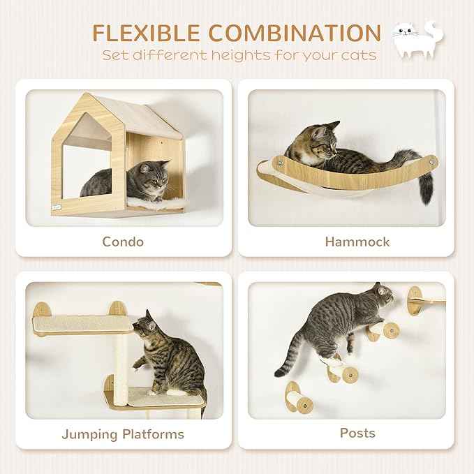 10-Piece Wall-Mounted Cat Tree Set, Multi-Level Cat Climbing Shelves with House, Hammocks, Perches and Scratching Posts for Indoor Cats, Wooden Cat Furniture