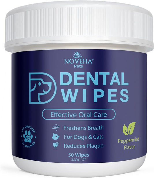 NOVEHA Pets Dental Finger Wipes for Dogs & Cats | Freshens Breath, Reduces Plaque | Healthier Gums | Clean Teeth No Toothbrush | Vet Recommended Effective Natural Oral Care (50 pcs, Mint) - Pet Explorer