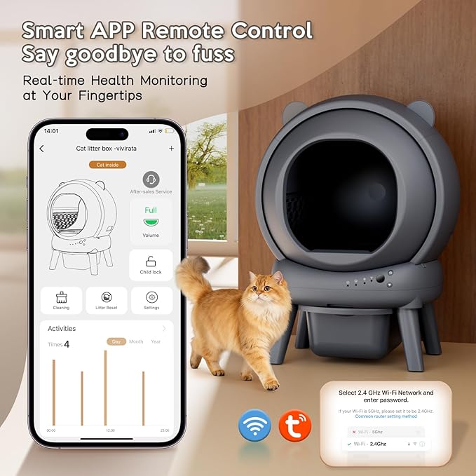 Automatic Litter Box for Multiple Cats, Large Capacity Self Cleaning Litter Box with App Control, Odor & Noise Control, Dual Safety Sensors, Easy Maintenance with 2 Roll Garbage Bags, Gray