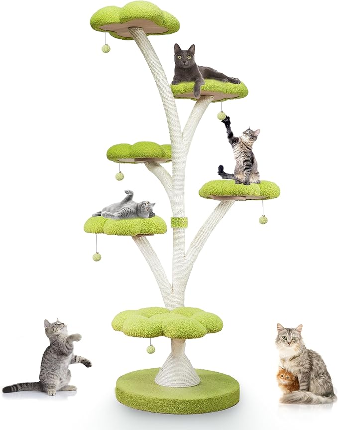FKWin 71 Inch Tall Cat Tree, Flower Shape Scratching Post, Cat Scratcher, Cat Furniture for Indoor Cats, Kittens Pet House, Cat Bed with Hang Ball, Plush Cat Tower for Large and Small Cats(Green)