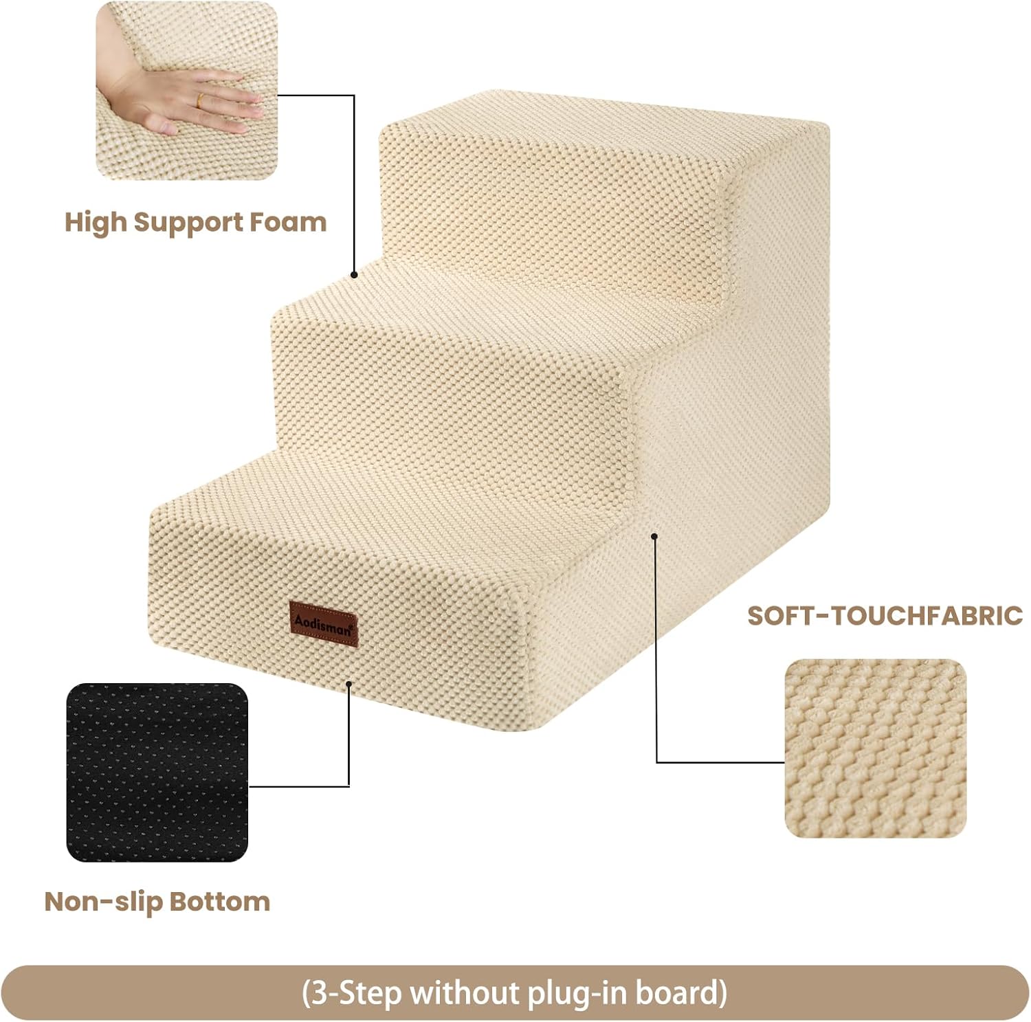 Dog Stairs for Small Dogs & Cats, 3-Step Extra Wide Non-Slip Pet Steps for Couch Sofa and Chair, Beige, 15.7" H - Pet Explorer