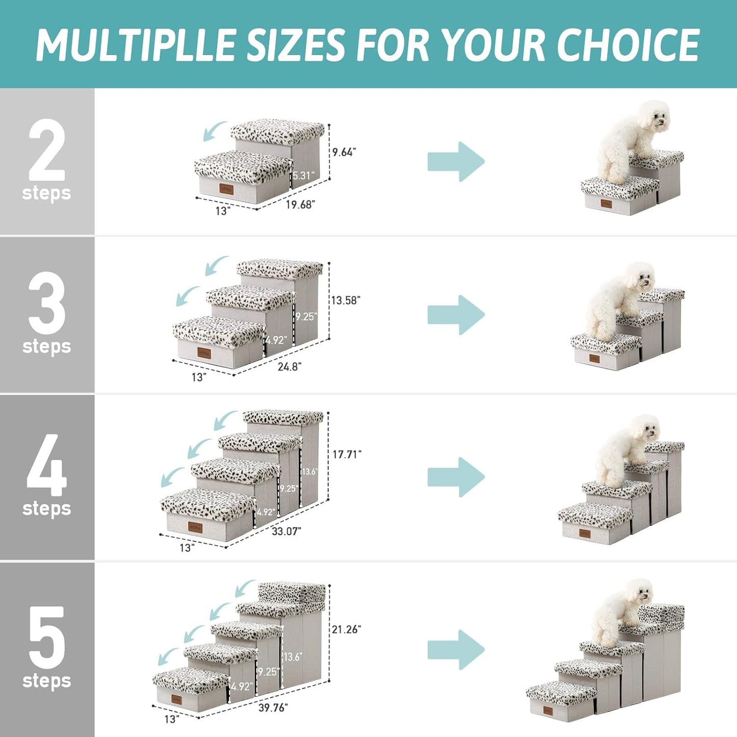 Dog Stair for Small Dogs with Storage, Foldable Pet Stairs for Medium or Puppy Dogs and Older Cats, Dog Steps for Bed or Couch with Soft Cover, 19.7x13x9.6 inch, 2 Tiers, Leopard - Pet Explorer