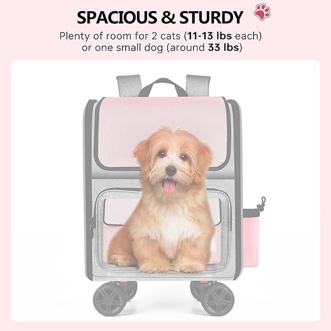 MGB Large Pet Carrier, Foldable Rolling Dog Carrier with Removable Wheels, Cat Rolling Bag 21.3"x15"x12.6" for 2 Cats & 1 Dog for Travel, Outdoor, Vet Visits, Camping, Indoor. Pink. (Not for Airline)