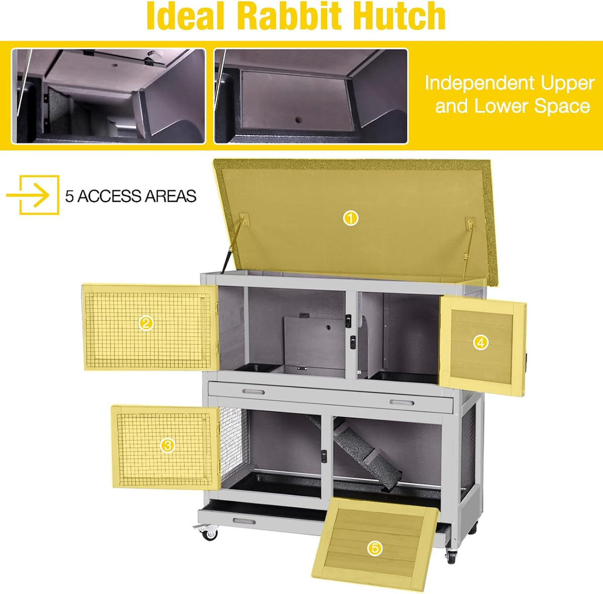 Aivituvin Rabbit Hutch Indoor Bunny Cage Outdoor 2 Story Pet House Guinea Pig Cage on Wheels 36"