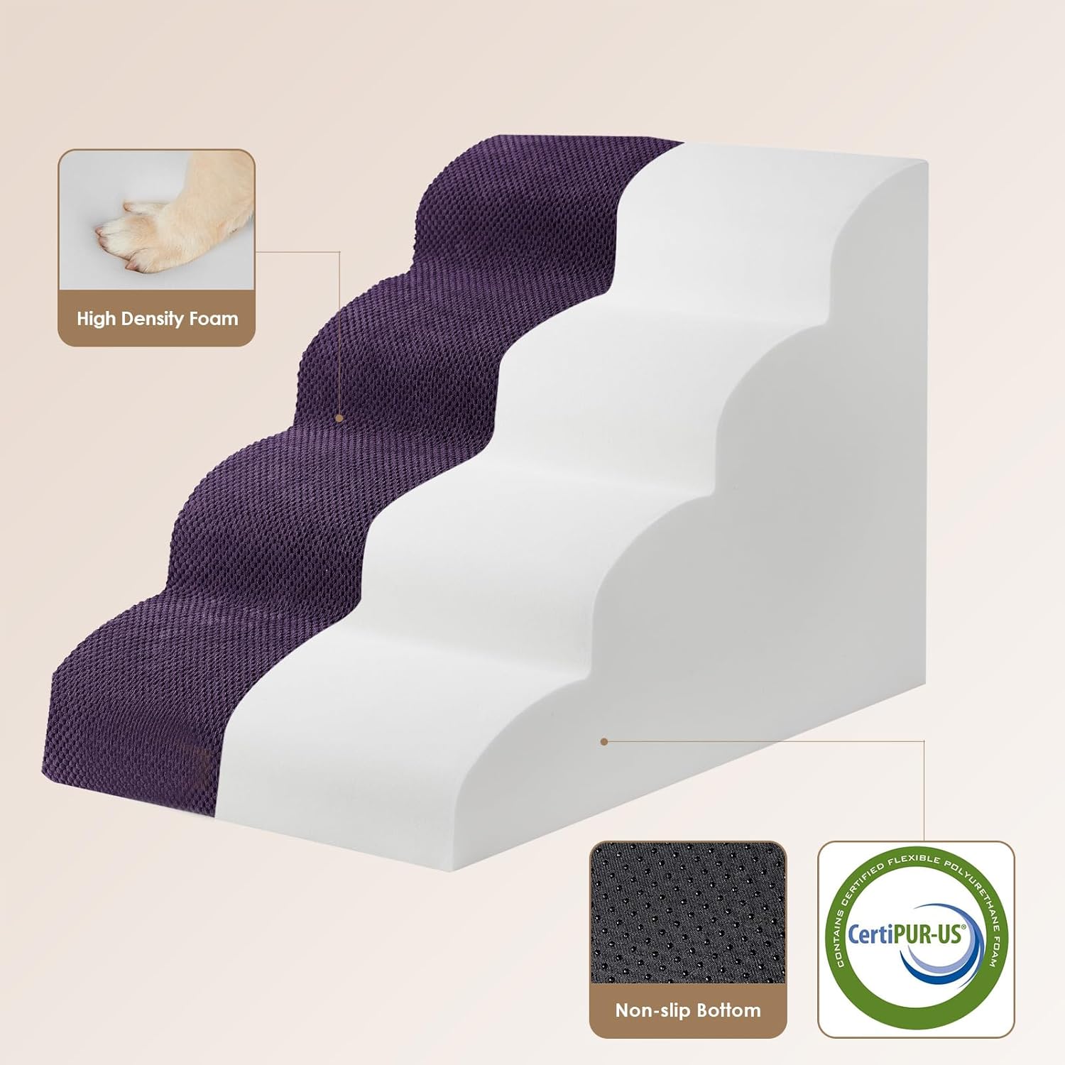 EHEYCIGA Curved Dog Stairs Ramp for High Beds 19.7" H, 4-Step Dog Steps for Small Dogs and Cats, Pet Stairs for High Bed Climbing, Non-Slip Balanced Pet Step Indoor, Purple - Pet Explorer