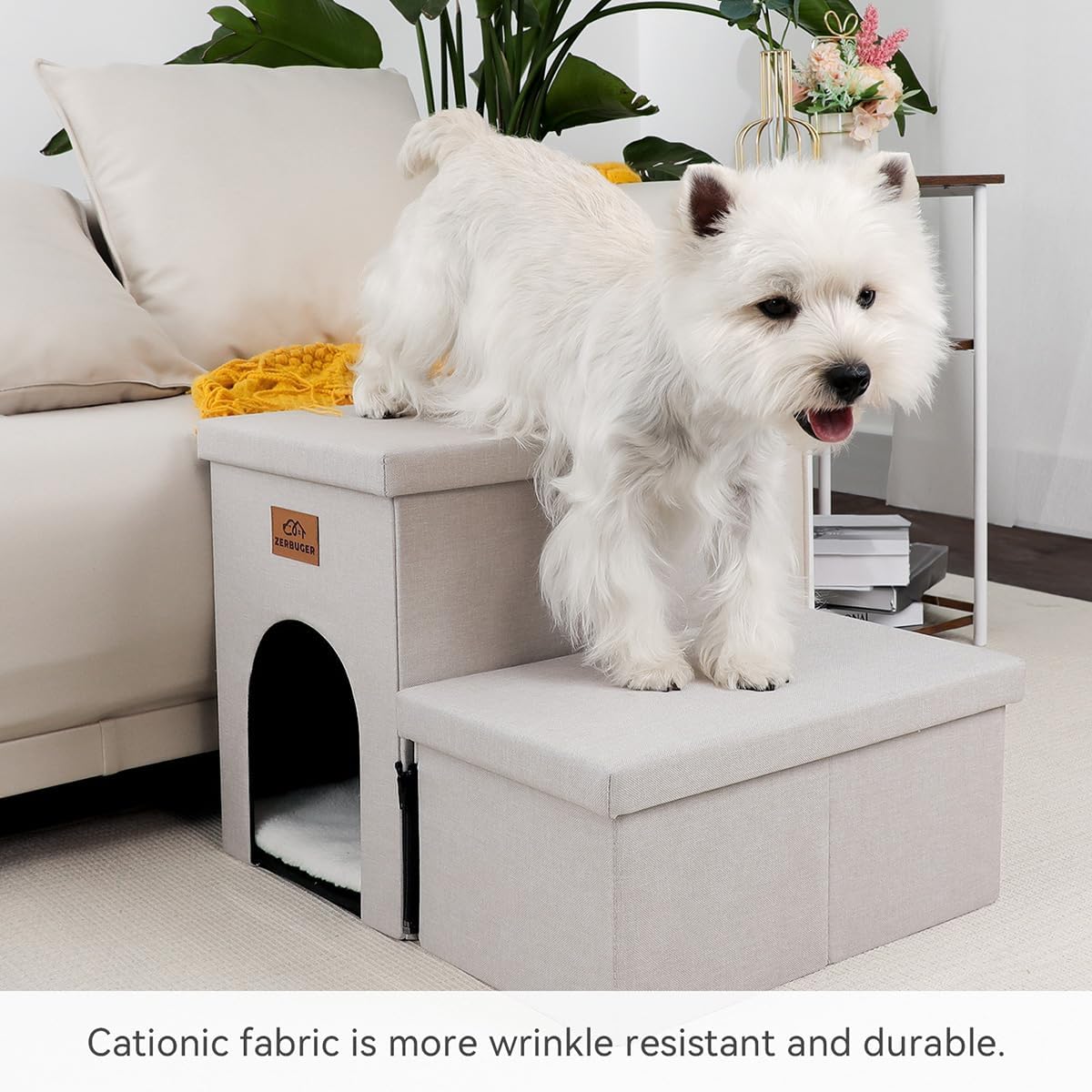 Dog Stairs with Condo 15" H, 2-Step Wider Dog Steps for Small/Medium/Large Old Dogs Cats, Folding Sturdy Storage Pet Stairs Climbing Bed Couch, Ramp for Car Hold Up to 150 lbs, Beige - Pet Explorer