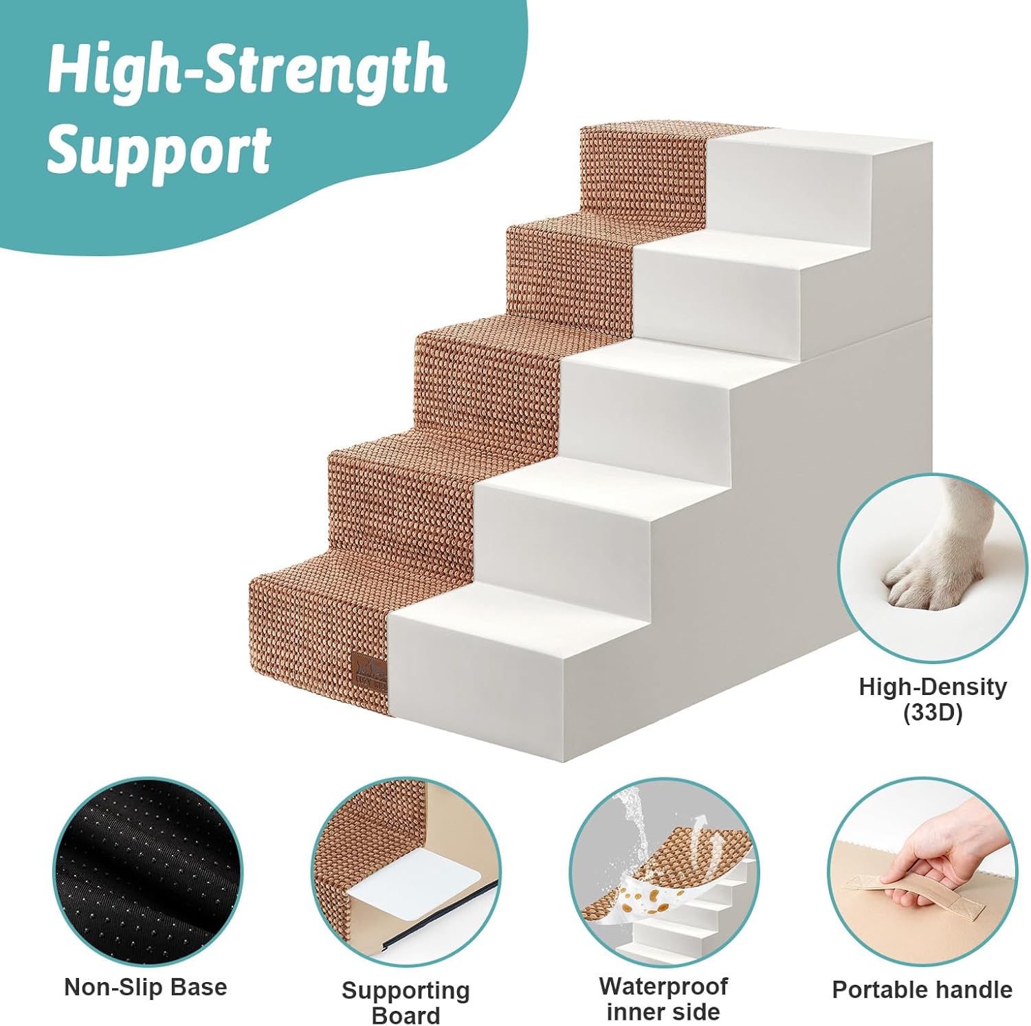 Dog Stairs for Small Dogs, 5 Tier Removable Wider Pet Stairs for Couch and Bed, 23.6" H Non-Slip Dog Steps for Puppies and Old Cats with Support Board, 29.5x19.7x23.6 inch, Light Brown - Pet Explorer