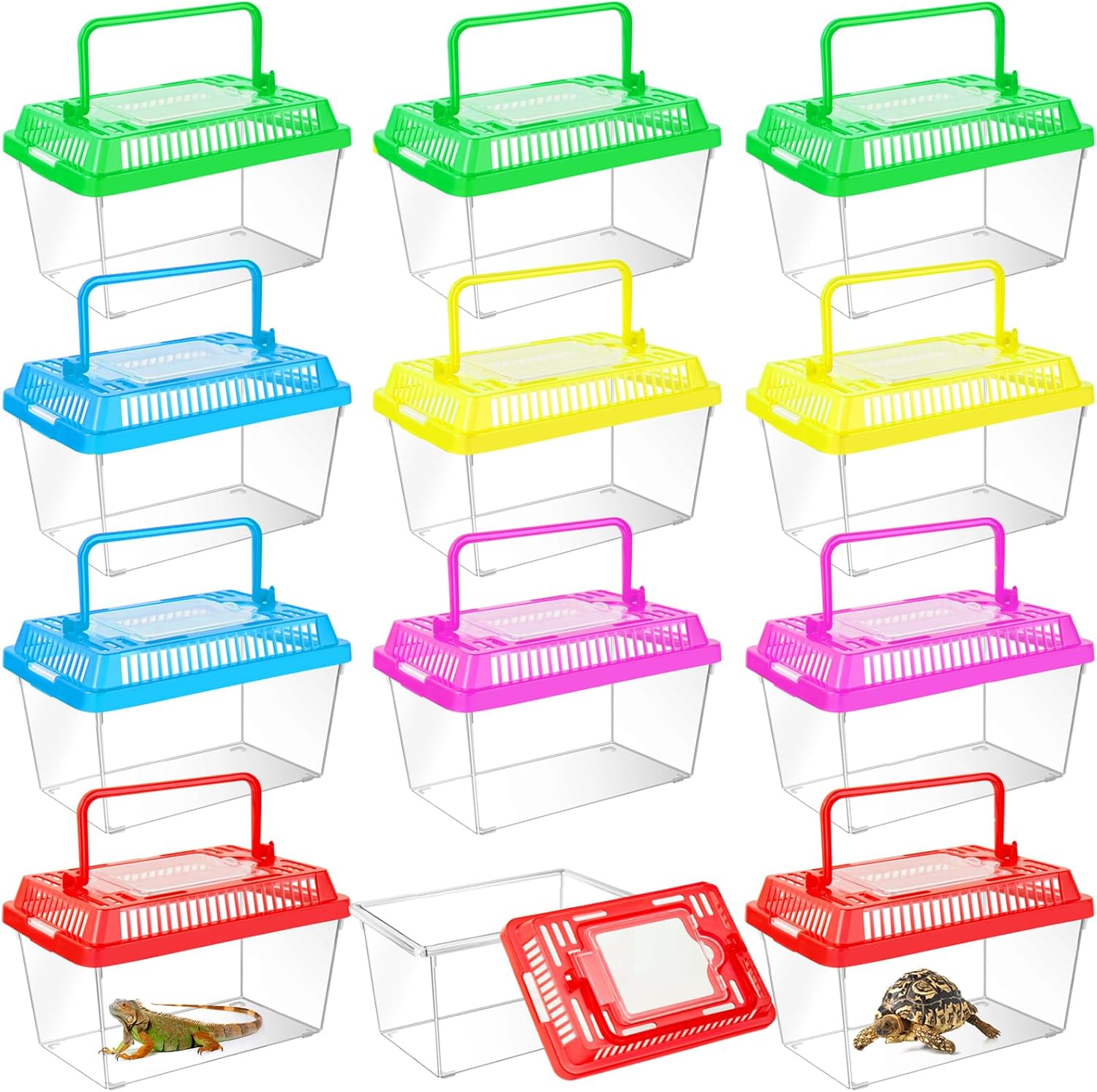 12Pcs Plastic Reptile Terrariums Carrier Cage Tarantula Enclosure Snake Breeding Box Hatching Container Transparent Fish Tank Turtle Aquarium with Random Color Lid for Spider, XS(5.1” x 3.5” x 3.5” - Pet Explorer