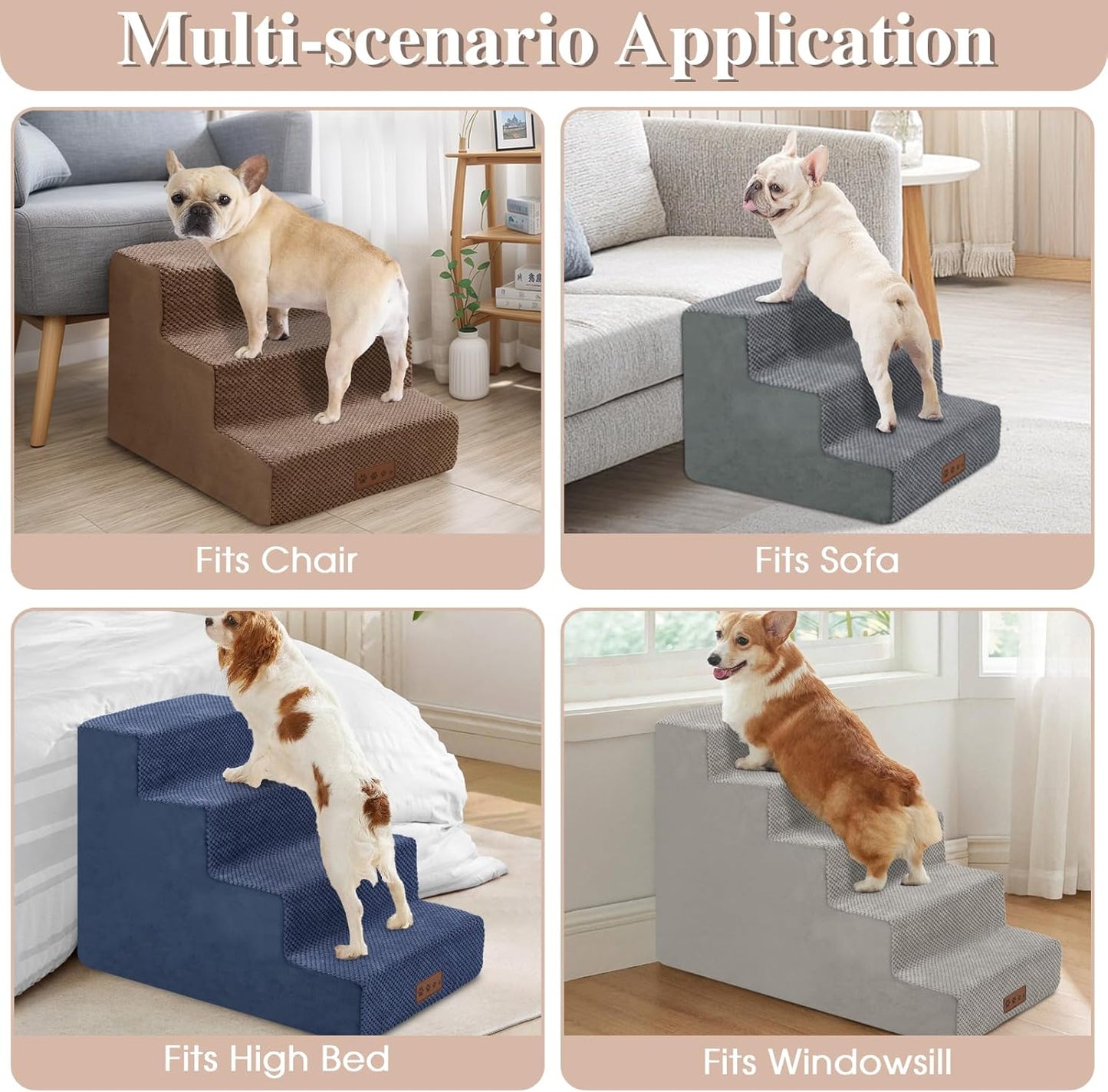 GGIB Dog Stairs for Small Dogs Pet Stairs for Sofa Couch Dog Ramp Pet Steps with Removable Washable Cover, Beige, 22" H, 5-Step - Pet Explorer