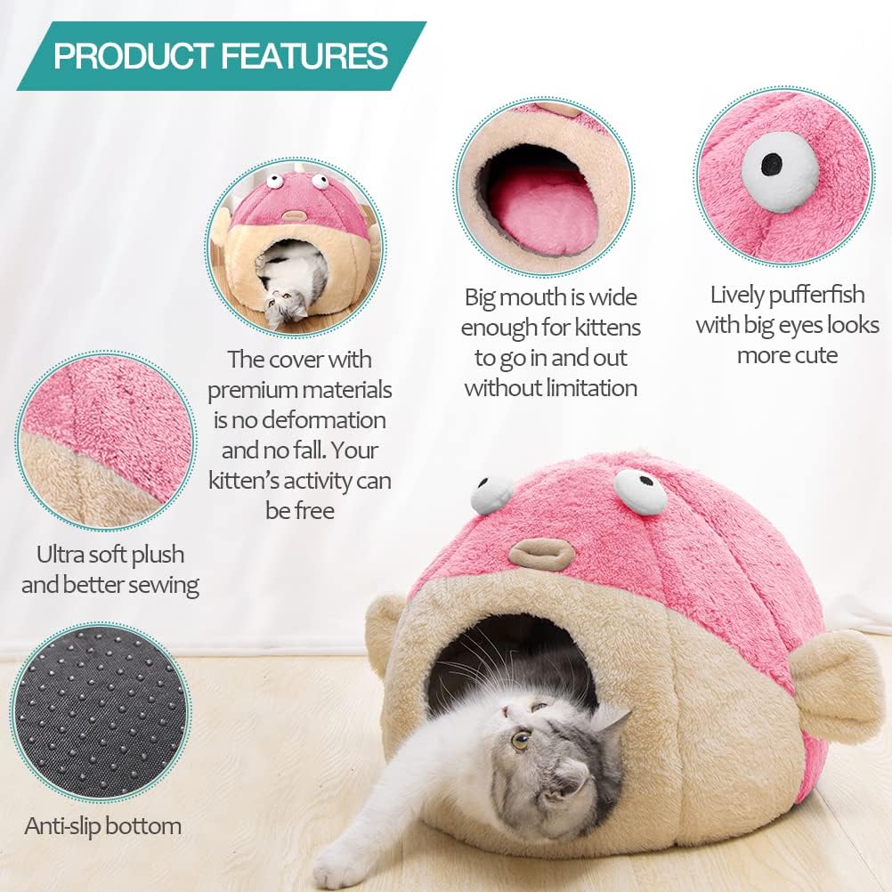 Cat Beds for Indoor Cats - Cat Bed Cave with Removable Washable Cushioned Pillow, Soft Plush Premium Cotton No Deformation Pet Bed, Lively Pufferfish Cat House Design, Pink, Multiple Sizes(L) - Pet Explorer