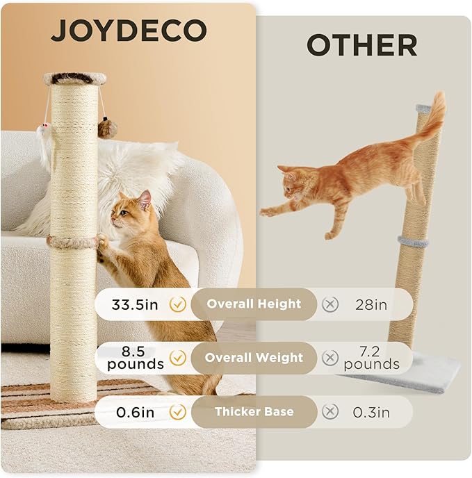 Joydeco Cat Scratching Post 34 Inches Heavy Duty and Thick Scratching Post Sisal Rope with Hanging Ball and Mice for Indoor Cats(Coffee)