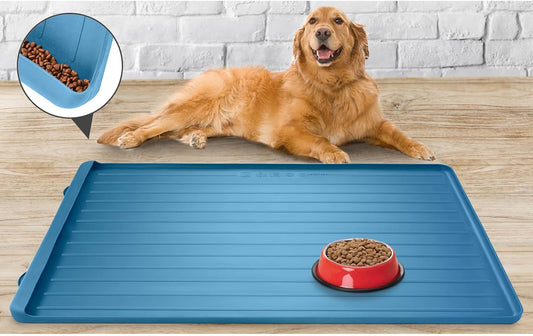 Dog Mat for Food and Water - 39.4" x 27" Large Pet Feeding Mats with Residue Collection Pocket - Waterproof Dog Cat Bowl Mat with High Edges to Prevent Water and Food Spills (Navy) - Pet Explorer
