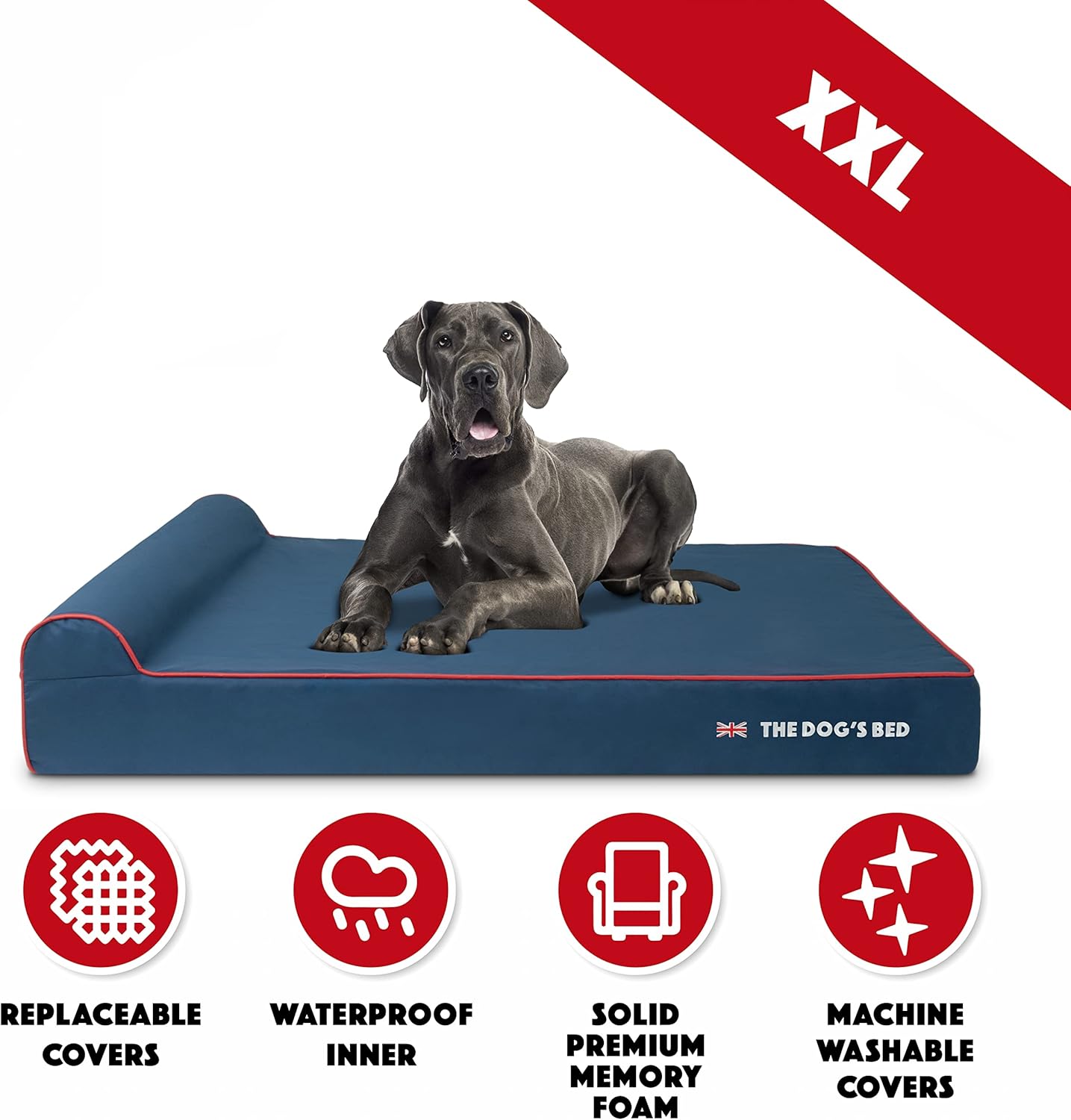 The Dog’s Bed Orthopedic Headrest Dog Bed XXL Blue Oxford with Red Trim UK Flag Dog Bed54x36, Memory Foam, Hip & Elbow Dysplasia, Post Surgery, Veterinary Approved, Waterproof Washable Cover - Pet Explorer