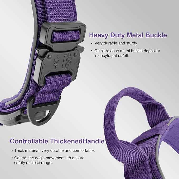 2026 Upgrade Dog Collar with IPX8 Waterproof AirTag Holder,Military Tactical Comfortable Control Handle and Ultra-Durable Metal Buckle/Night Reflective,GPS Collar for Medium to Large Dogs（Purple/L）