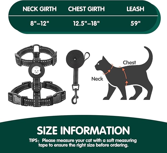BINGPET Cat Harness with Airtag Holder, Cat Harness and Leash Set Escape Proof for Walking Travel Outdoor, Soft Adjustable Kitten Harnesses for Small Medium Large Cats, Black(Chest:12.5"-18")