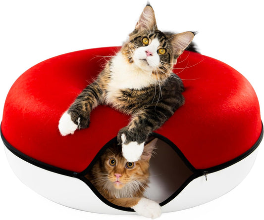 Cattasaurus Peekaboo Cat Cave, Extra Spacious for Multiple & Large Cats 12+ lbs, Scratch Detachable Cat Beds for Indoor Cats, Washable Tunnel Bed, Comfy Cat Donut Tunnel (Ruby Snowball, Jumbo) - Pet Explorer