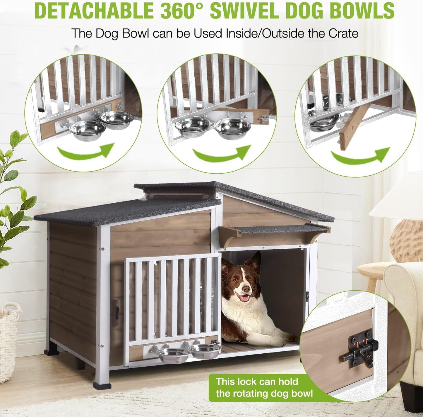 Dog House Outdoor with Bowls Weatherproof Dog Kennel with Anti-Chewing Iron Frame Dog Shelter for Small Medium Dogs(Light Brown) - Pet Explorer