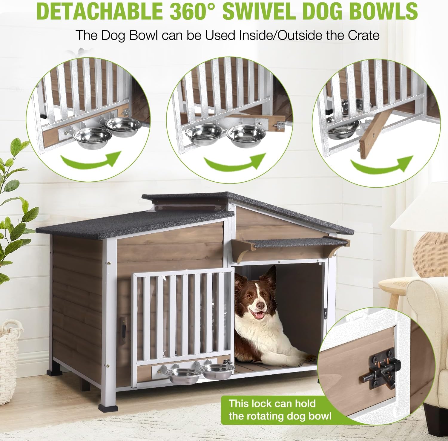 Dog House Outdoor with Bowls Weatherproof Dog Kennel with Anti-Chewing Iron Frame Dog Shelter for Small Medium Dogs(Light Brown) - Pet Explorer