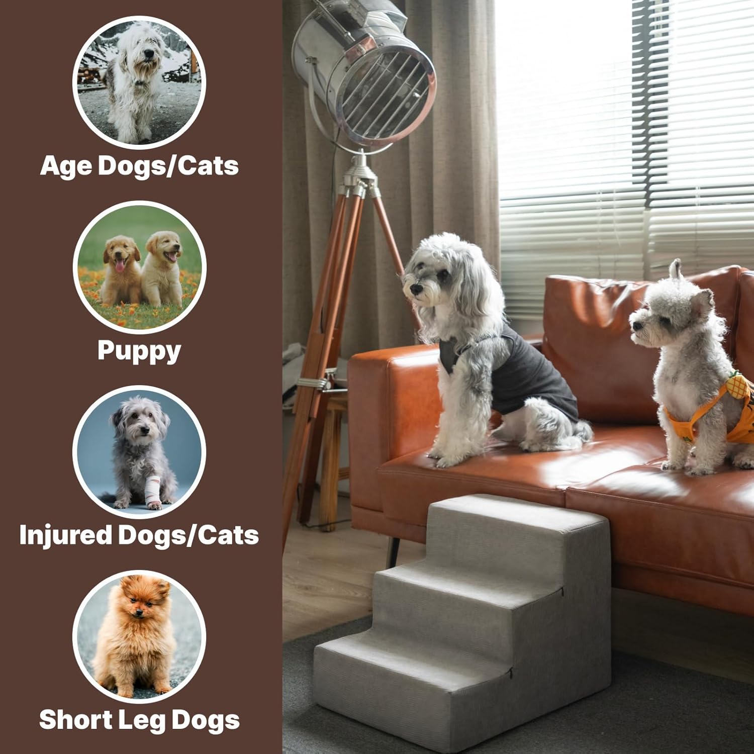 MEWANG Dog Stairs for Small & Medium Dogs and Old Cats –3/4/ 5 Steps High-Density Foam Pet Ramp for Bed & Couch, Non-Slip, Washable Cover, Grey (Square Corner, 3 Steps: 17.95''×14.96''×13.70'', 2) - Pet Explorer