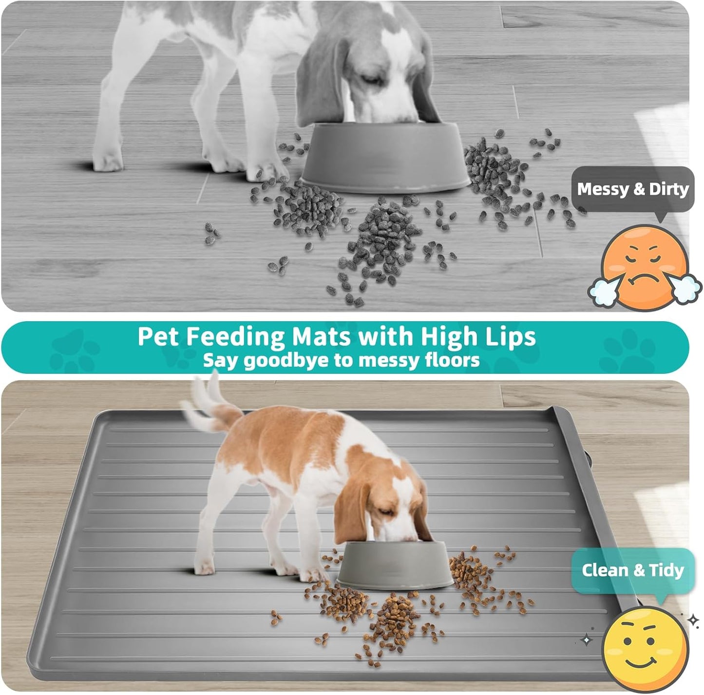 Dog Mat for Food and Water - 39.4" x 27" Large Pet Feeding Mats with Residue Collection Pocket - Waterproof Dog Cat Bowl Mat with High Edges to Prevent Water and Food Spills (Light Grey) - Pet Explorer