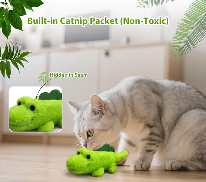 Interactive Cat Toys for Indoor Cats – Auto Moving Alligator with 360° Random Movement & Tail Wagging, Rechargeable Cat Exercise Toy with Catnip, Self-Play Fun for Bored Adult Cats-Set