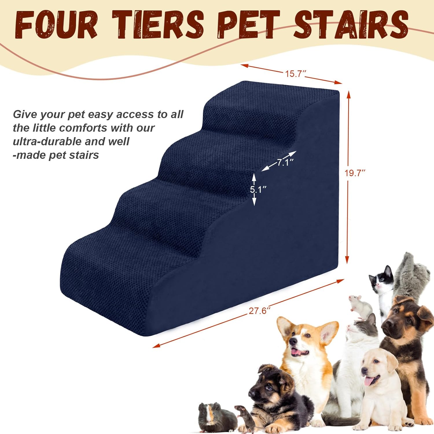Dog Stairs for Small Dogs - High Density Foam Pet Steps, Extra Wide Dog Ramp with Non-Slip Bottom for High Beds, Couch and Sofa, Best for Dogs Injured, Older Doggy Cats, 4 Steps, Navy - Pet Explorer