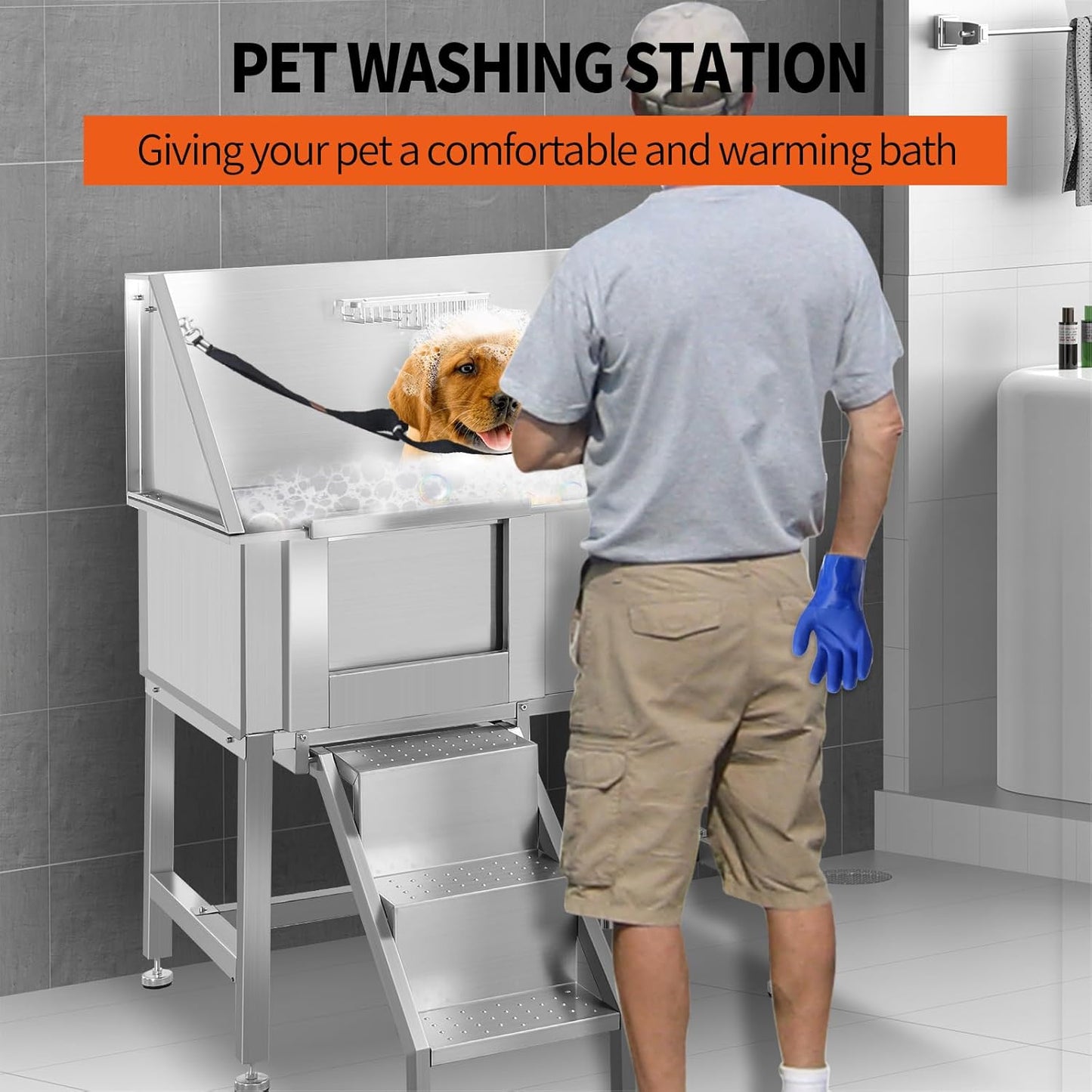 Dog Washing Station 38'' Stainless Steel Pet Grooming Tub for Large Dogs Over-Size Professional Dog Grooming Bathtub Station Wash Shower Sink Pet Grooming Bathtub Station,Left Door - Pet Explorer