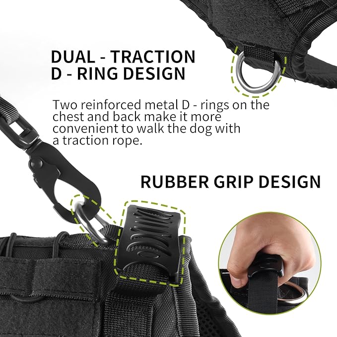 Tactical Service Dog Harness ， Adjustable Vest with MOLLE System, Accessories Bag for Training, Outdoor - Durable Military-Grade Working Dog Gear (Black, L)