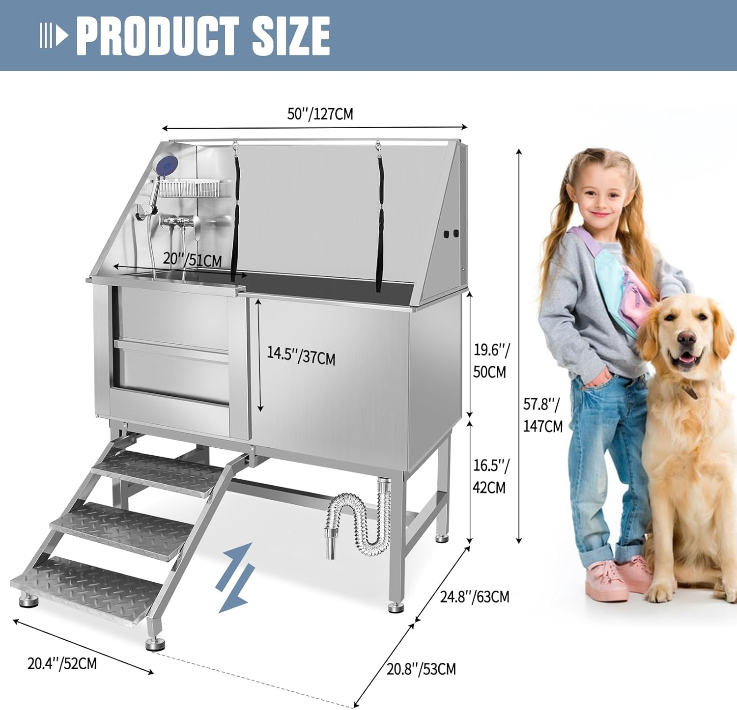 50" Dog Washing Station, Professional Stainless Steel Dog Bathing Station, Equipped/W Three Anti-Slip Steps, Removable Door, Upgraded Spray Nozzle&Hose - for Home, Pet Grooming Salon (50" Left ramp) - Pet Explorer