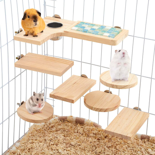 Set of 9 Wooden Hamster Cage Platform Chinchilla Ledges and L Shaped Round Hole Rat Cage Accessories with Cooling Standing Board Food Cup for Squirrel Gerbil Guinea Pig Small Animal