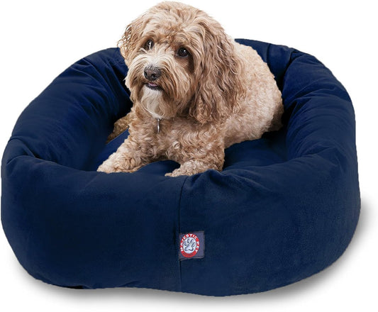Majestic Pet 32 Inch Suede Calming Dog Bed Washable 32x23x7 (Inch) – Cozy Soft Round Donut Dog Bed with Spine Support for Dogs to Rest Their Head - Pet Bed Medium – Navy - Pet Explorer