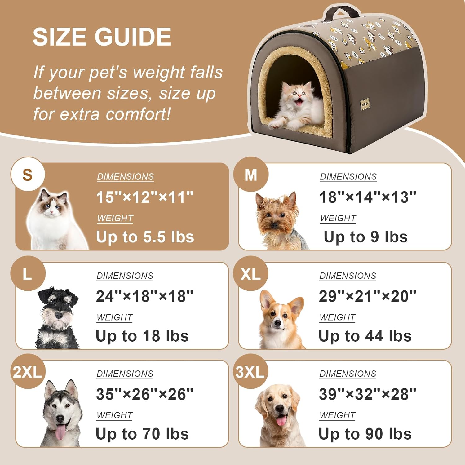 Jiupety Cozy Small Pet Dog House, 2 in 1 Puppy House, S Size for Cat and Puppy, Warm Cave Sleeping Nest for Cats and Dogs, S(15"×12"×11"), Up to 5.5 Lb, Brown - Pet Explorer