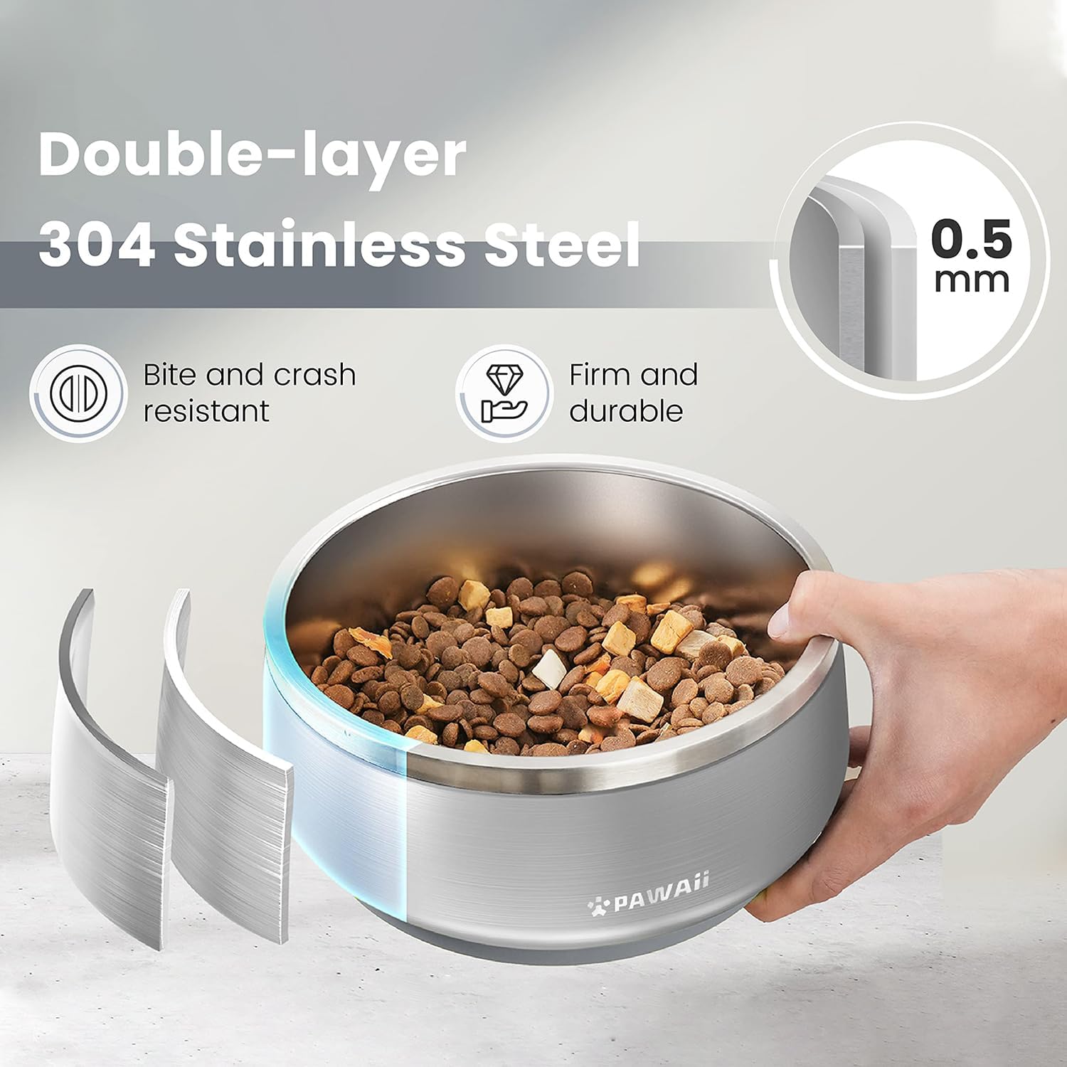 Pawaii Stainless Steel Dog Bowl with Non-Slip Rubber Base & Double Wall Insulation - Durable Design | Includes ID Tag | Dishwasher Safe Food & Water Bowl for All Dogs (34oz) - Pet Explorer