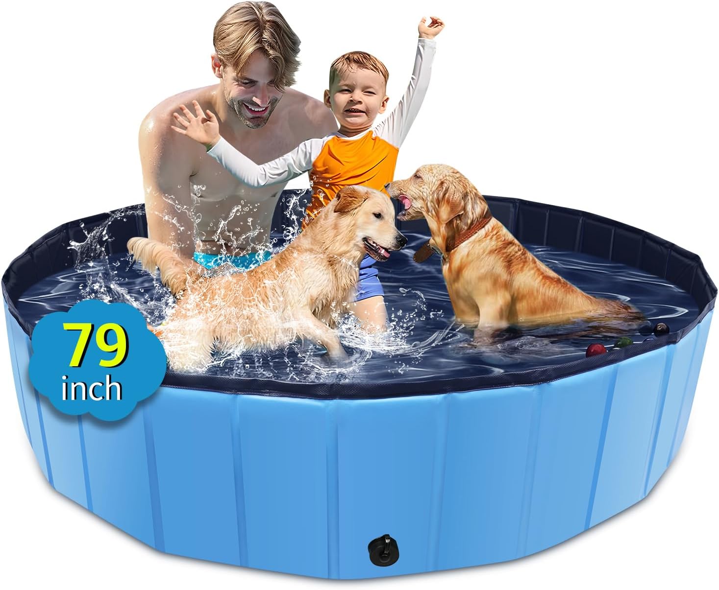 Foldable Dog Pool, 79" x 14" Large Kiddie Pool with Hard Plastic, Non-Slip Dog Bath Tub for Outdoor Backyard, Collapsible Dog Swimming Pool for Kids Dogs Pets (Blue) - Pet Explorer
