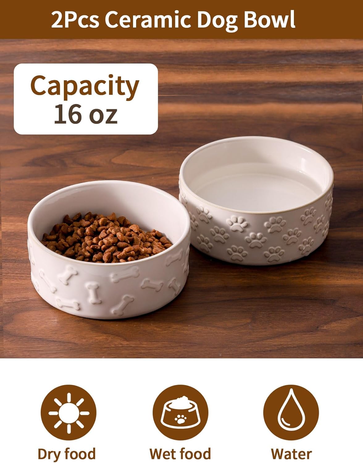 UBEE Ceramic Dog Bowl Set of 2, 5.1 inch Dog Food Bowl Dish with Bone or Paw Pattern, Pet Food Water Dish Feeding for Small Dogs and Large Cat, White - Pet Explorer