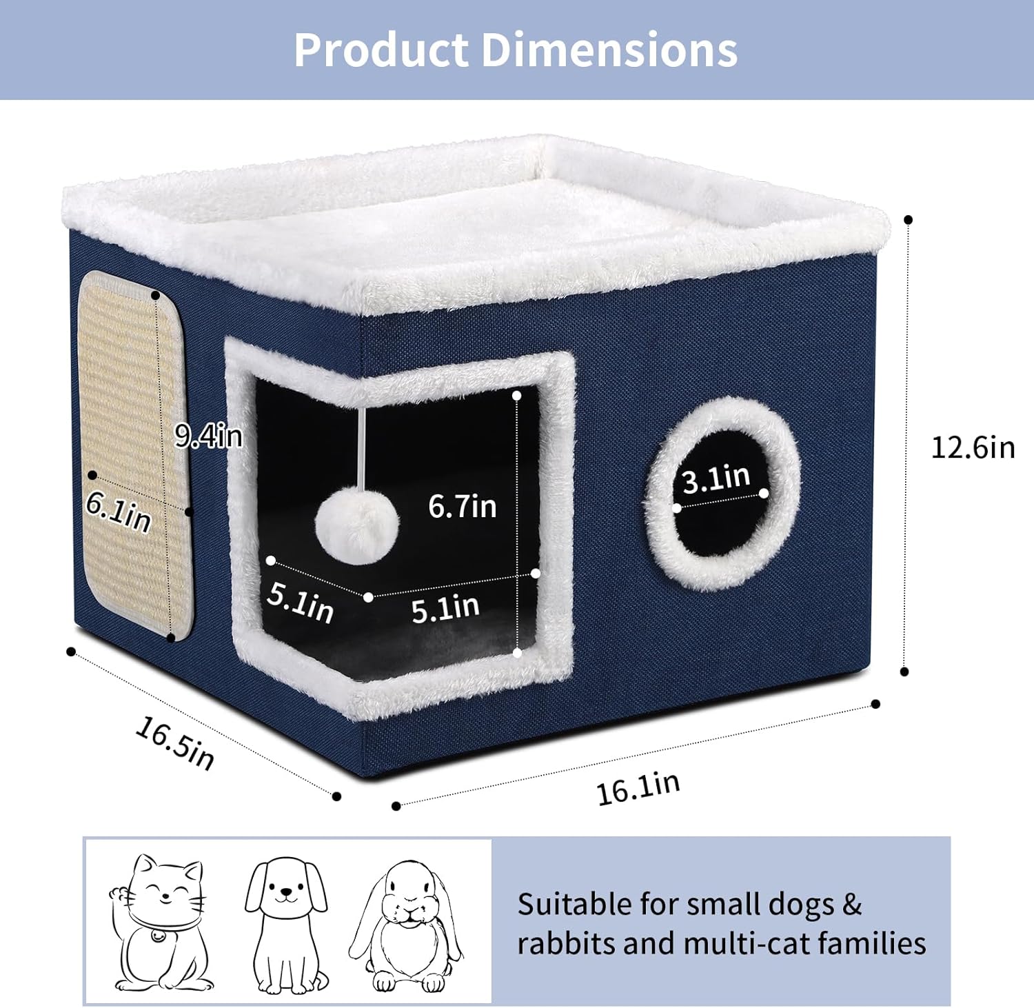 Cat House Bed for Indoor Cats, Large Cat Cave with Cozy Condo, Fluffy Hanging Ball, Scratch Pad, Hide-and-Seek, Foldable Indoor Cat House Hideaway with Double-Sided Soft Cushions for All Seasons, Blue - Pet Explorer
