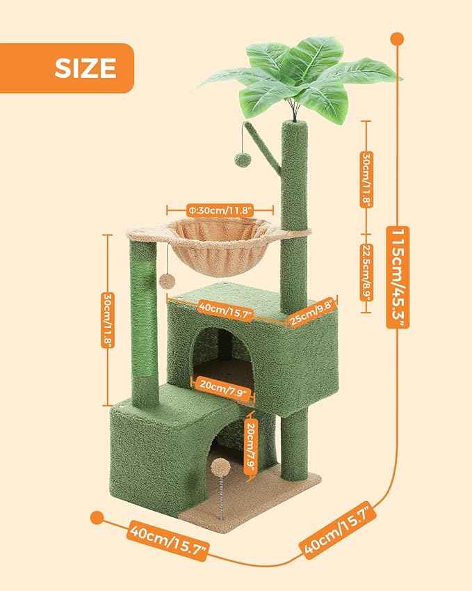 45-Inch Green Cat Tree with 2 Condos for Indoor Cats,Cat Tower with Scratching Posts for Small Cats,Cactus Cat Tree Tower with Hammock and Cat Toys