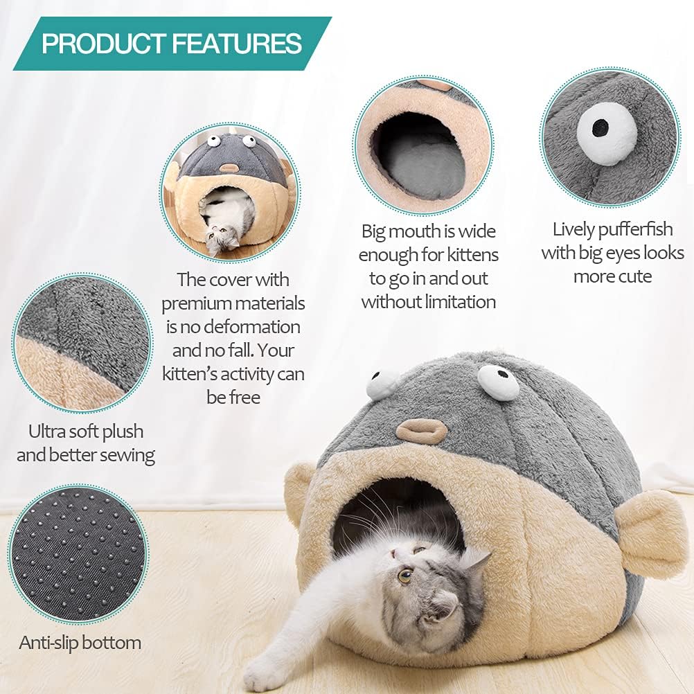 Cat Beds for Indoor Cats - Cat Bed Cave with Removable Washable Cushioned Pillow, Soft Plush Premium Cotton No Deformation Pet Bed, Lively Pufferfish Cat House Design, Grey, Multiple Sizes(L) - Pet Explorer